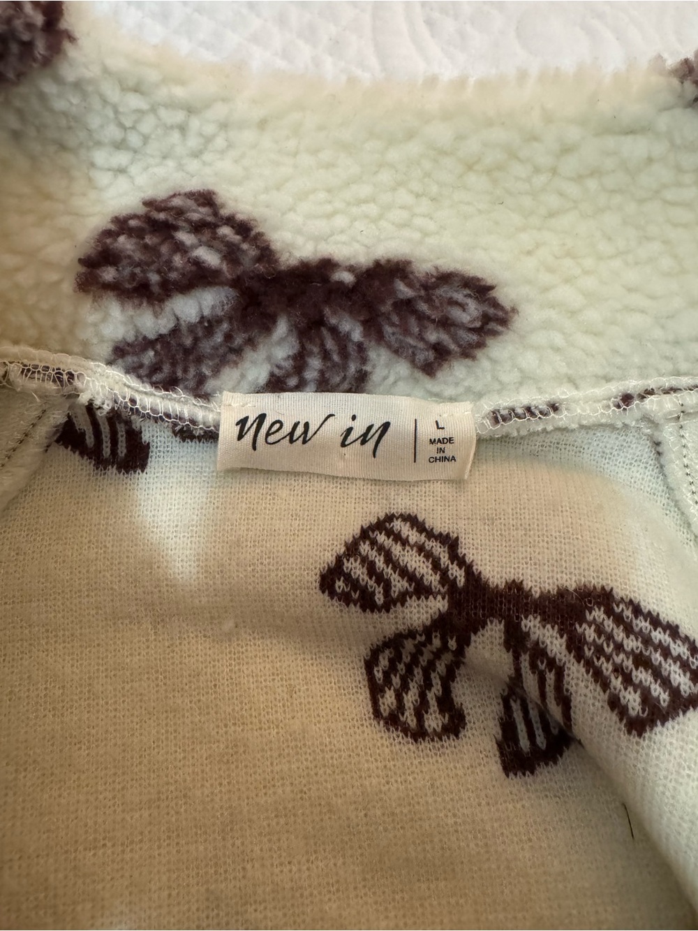 Cream Sherpa Turtleneck Pullover with Brown Bow Print - Picture 3 of 4